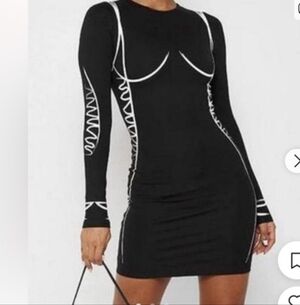 NWT Maniere De Voir SKETCH CONTOUR Body Con MINI DRESS - Black/WHITE